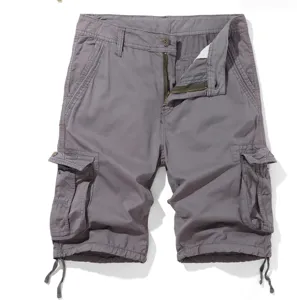 Mens grey multi-pocket cargo shorts casual tactical trousers detail view, comfortable fit.