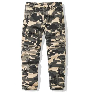 Men's camouflage cargo pants with multiple pockets, casual tactical military trousers.