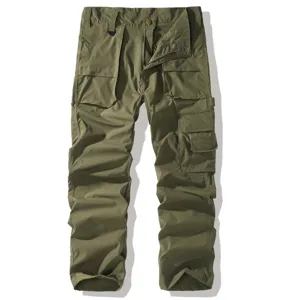 Men army green tactical cargo pants multi-pocket casual straight trousers main view flat lay