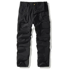 Men's black multi-pocket cargo pants casual tactical trousers for outdoor daily wear.