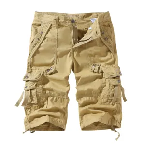 Men's khaki cargo shorts featuring multiple utility pockets, durable fabric, and adjustable drawstrings.