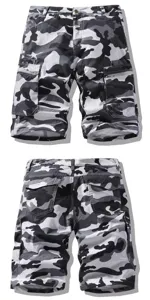Men's camo cargo shorts with multiple pockets, casual military style shorts front and back view.