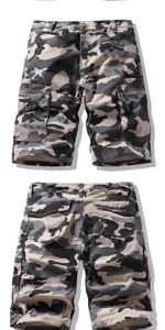 Detail view of men's camouflage cargo shorts, featuring multiple practical utility pockets.