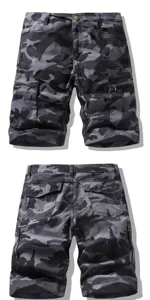 Grey camo cargo shorts detail showing multi-pocket design, durable fabric, and back view.