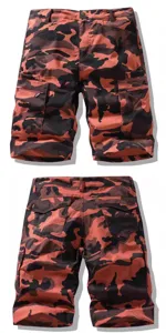 Mens camouflage cargo shorts detail view showcasing front and back multi-pocket design.