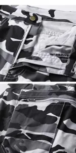 Mens camouflage cargo shorts detail close up black white multi pocket casual pants
