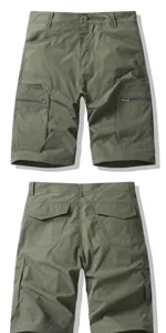 Men's green cargo shorts with multiple pockets, casual outdoor summer half pants front and back view.