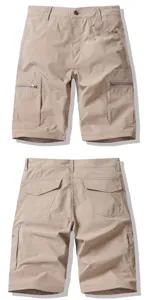 Details of mens khaki cargo shorts featuring multiple pockets, zippers, and back pocket design.