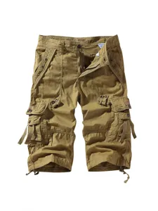 Men's khaki cargo shorts casual multi-pocket tactical summer 3/4 pants outdoor wear