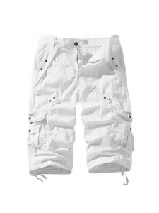 Men's white multi-pocket cargo shorts casual straight-fit summer capris pants with drawstrings
