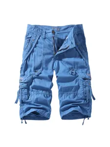 Men's summer loose casual cargo shorts multi-pocket capri beach trousers blue apparel.