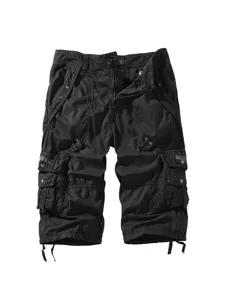Men's black multi-pocket cargo shorts, casual knee-length cotton streetwear pants.