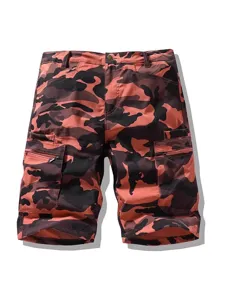 Men's orange camouflage cargo shorts with multi pockets and zip fly for casual summer wear.