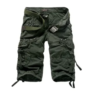Men's summer casual cargo multi-pocket knee-length shorts with belt dark green stylish apparel
