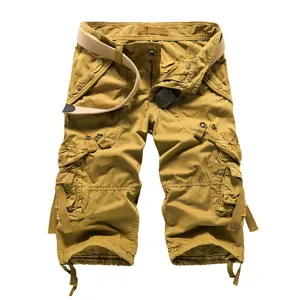 Men's casual loose khaki cargo shorts multi-pocket 7-quarter capri pants with belt