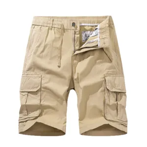 Mens casual khaki cargo shorts with multiple pockets and elastic waist for summer outdoor wear.