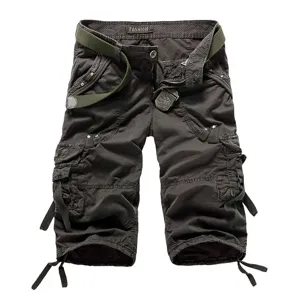 Men's dark grey multi-pocket cargo shorts featuring green belt, casual knee length pants.