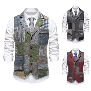 Gilet da Abito Patchwork Vintage da Uomo Casual Tweed Spina di Pesce Revers Monopetto Gilet da Gentiluomo Top