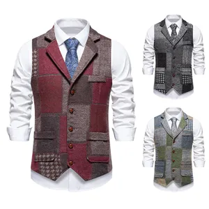 Gilet da abito vintage da uomo con risvolto patchwork elegante gilet in tweed per tutti i giorni.