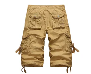 Men's khaki cotton cargo shorts multi-pocket casual capri pants summer outdoor tactical trousers