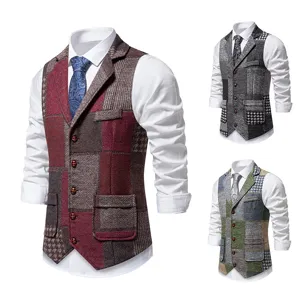 Gilet da uomo vintage patchwork risvolto retrò panciotto monopetto casual elegante per affari