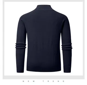 Men's dark blue vertical ribbed knitted sweater, mock neck warm pullover for winter season.