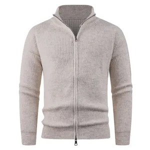 Men's casual knit cardigan close-up showing texture, high collar and metal zip design details.