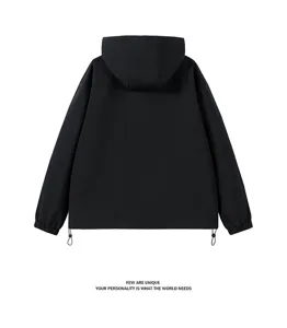 Men's black hooded jacket back view, loose fit autumn outerwear with drawstring hem.