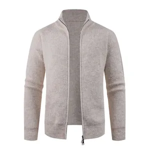 Men's knitted zip-up cardigan sweater detail view, casual stand collar outerwear piece.