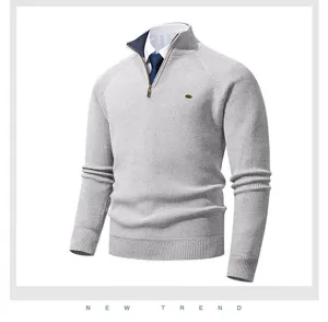 Close-up detail of grey half-zip mock neck ribbed knit sweater collar and zipper texture.
