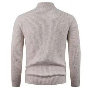 Back view detail of men's casual high-neck ribbed knit sweater in light beige color.