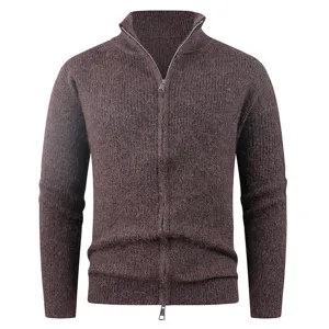 Men's full zip knit cardigan sweater casual outerwear detailed close up view in dark brown color