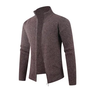 Detailed view of men's knitted cardigan featuring ribbed mock neck and smooth full zip closure.