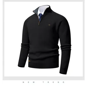 Men quarter zip ribbed knit sweater detail, mock neck with shirt collar layering look.