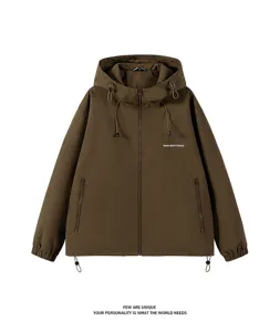 Men's brown hooded casual jacket featuring drawstring, zipper pockets and relaxed drop shoulder.