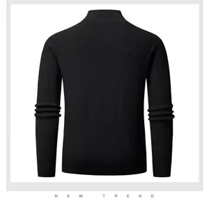 Men black mock neck ribbed knit sweater, solid color thermal pullover for winter.