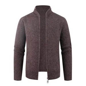 Men's brown knitted zip-up cardigan, stand collar, long sleeves, casual outerwear for autumn.