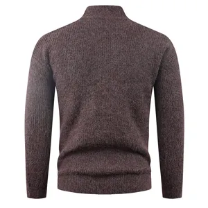 Brown mens mock neck knit sweater for casual daily wear, warm autumn winter pullover.