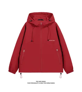 Men's red hooded jacket loose drop shoulder casual full zip outerwear with drawstring.