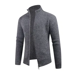 Men's grey knit zip cardigan, stand collar casual sweater jacket for autumn winter warm wear.