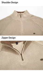 Detail view of men's half-zipper ribbed knit sweater shoulder and collar design in beige color.