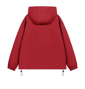 Men's red hooded jacket back view detail, casual streetwear loose outerwear top.