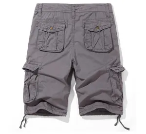 Men's casual gray cargo shorts with multiple pockets and drawstring cuffs for summer wear.