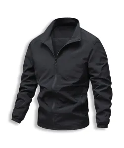 Detail shot of black stand collar zip jacket, showing texture and zipper pocket design.