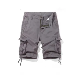 Men's casual grey cargo shorts with multiple pockets, knee length and adjustable leg drawstrings.