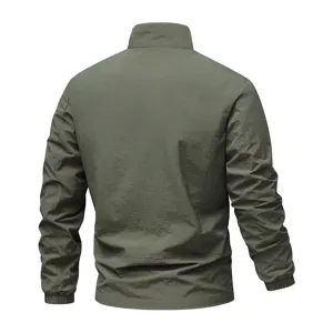 Men's casual stand collar windbreaker jacket back view, army green outdoor outerwear.