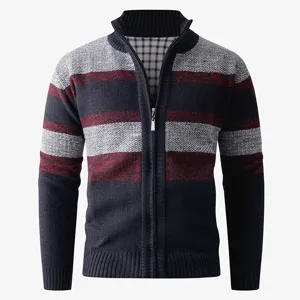 Men's full zip knitted cardigan sweater long sleeve color block stripe winter casual outerwear