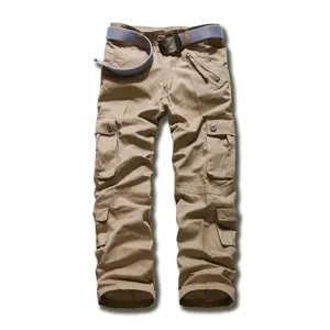 Detailed view of men's tactical cargo pants in khaki, featuring multi-pockets and a web belt.