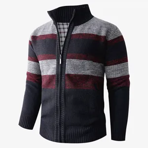 Men's full zip knit cardigan sweater with color block stripes for autumn winter casual wear.