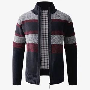 Men's knitted cardigan sweater with full zip, stand collar and stylish color block stripes.